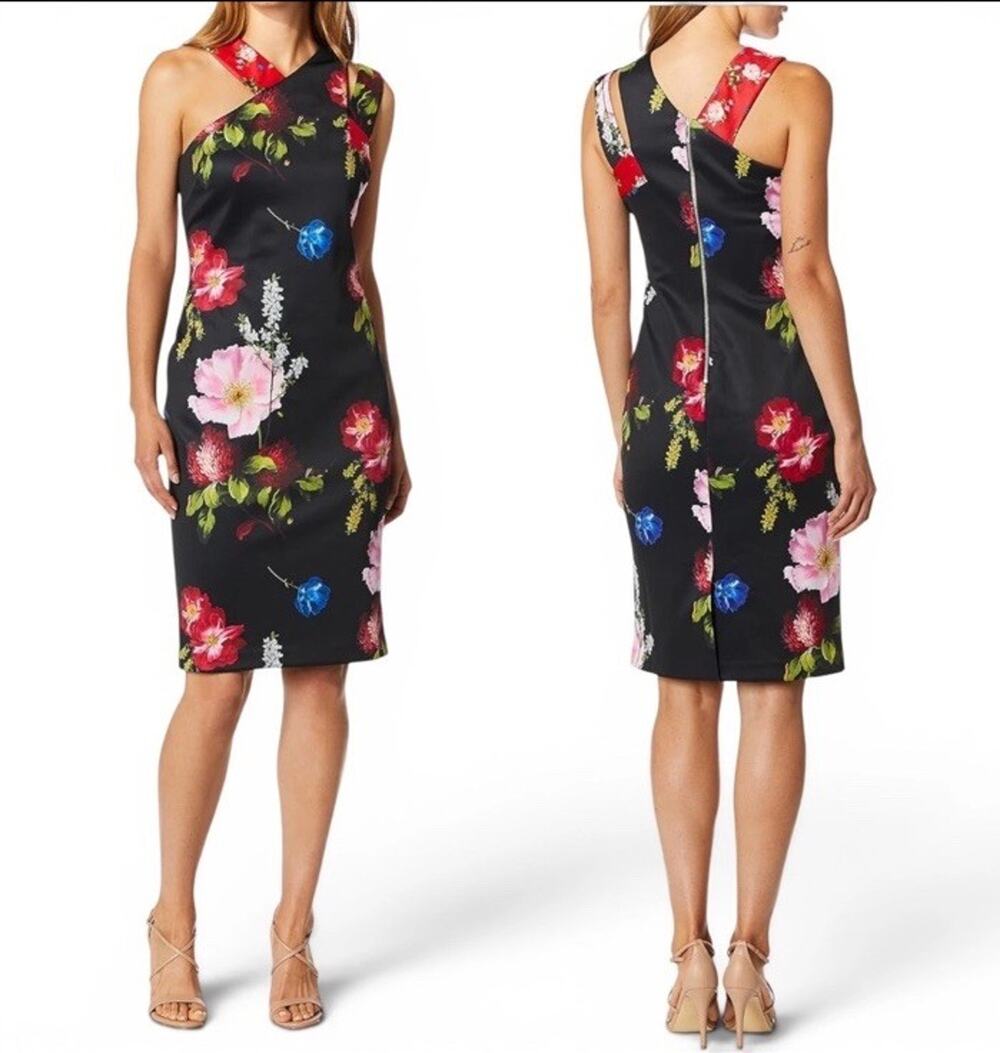 Ted Baker Dress Polayo Berry Sundae Floral Asymmetric Black 4 US Size 10 Wedding